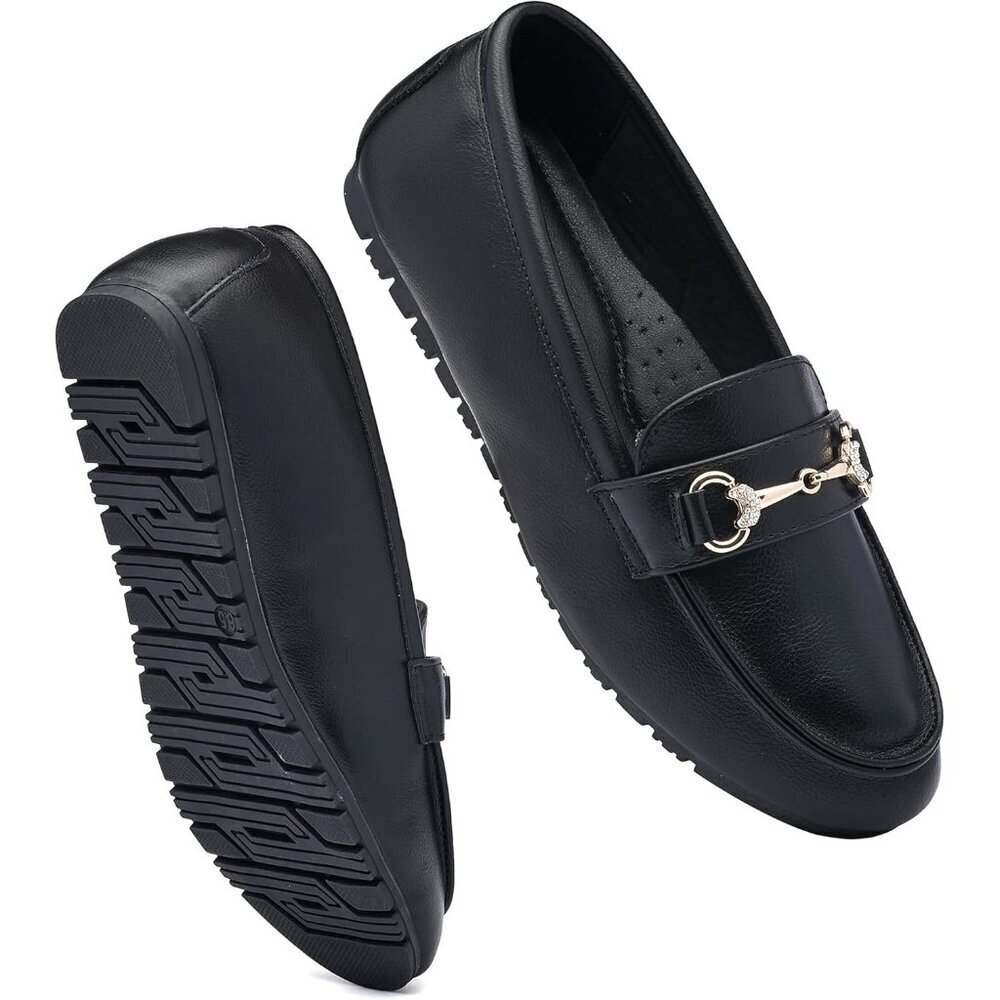 Women's Black pu Faux Leather Arch Support Casual Slip on Comfort Penny Loafers